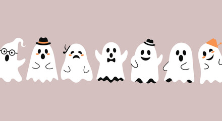 Obraz premium Cute and spooky Halloween banner featuring a row of seven friendly cartoon ghosts with different funny expressions and hats.
