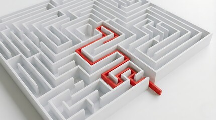 Red arrow path solving complex white 3d labyrinth maze  