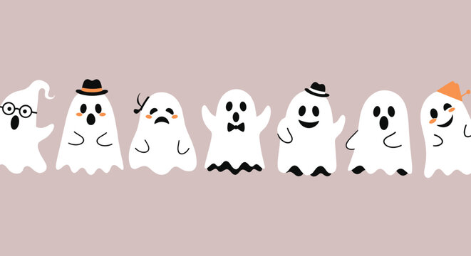 Cute and spooky Halloween banner featuring a row of seven friendly cartoon ghosts with different funny expressions and hats.