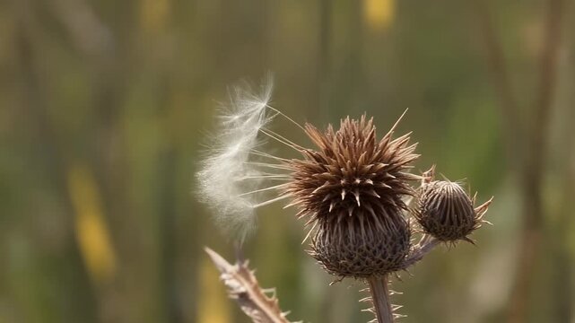 A dried thistle plant releasing its fluffy seeds into the wind in a natural setting.