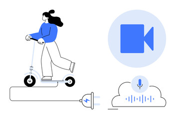 Transportation, green energy, voice control, cloud computing, video communication, smart devices. Woman riding an electric scooter, video icon cloud with sound waves. Transportation and green energy