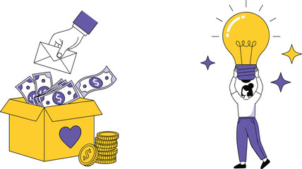 Donation, box, money, envelope, coins, fundraising, charity, giving, lightbulb, idea, inspiration, sparkles, hand, person, purple, yellow, concept, creativity, support, innovation