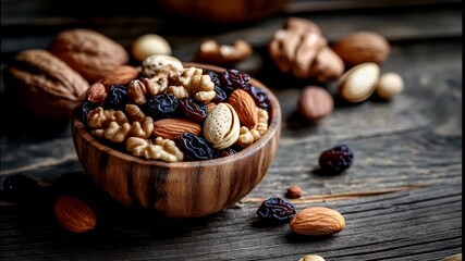 A closeup shot of a wooden bowl containing a variety of nuts and dried fruits. The bowl is placed on a rustic wooden surface, and the background is dark, emphasizing the bowl and its contents.
