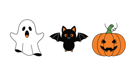A cute set of three simple Halloween cartoon characters: a spooky ghost, a black bat, and a smiling jack-o'-lantern pumpkin.