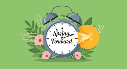 Spring forward daylight saving time concept illustration with an alarm clock, flowers, and leaves on a green background.