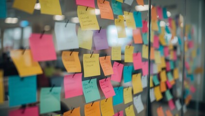 A glass wall covered in a variety of colorful sticky notes, capturing a dynamic and collaborative workspace setting