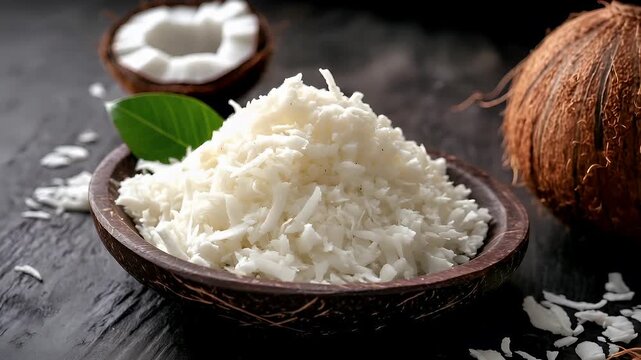 Gourmet Shredded Coconut Flakes. video stock lifestyle HD element closeup.
