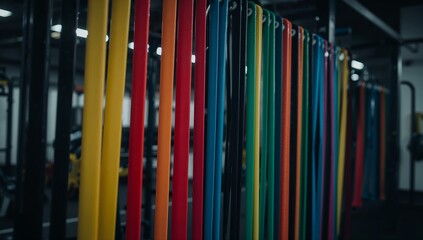 Fototapeta na wymiar Colorful resistance bands hanging on a rack in a modern gym setting. These bands offer a variety of colors, indicating different levels of resistance