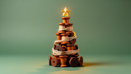 Festive christmas tree decoration craft from sustainable recycled materials. unique handmade spool concept feels creative