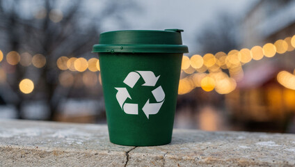 Cozy green recycled cup for coffee during Christmas made from sustainable materials. festive conscious feeling