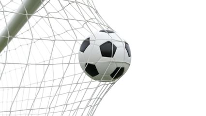 Closeup of a soccer ball in a goal net, isolated on transparent background