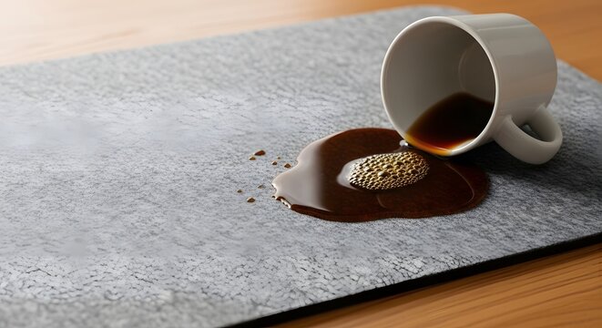 An overturned white mug causing a dark coffee spill to spread across a stylish grey desk pad on a wooden table, depicting an accident concept.