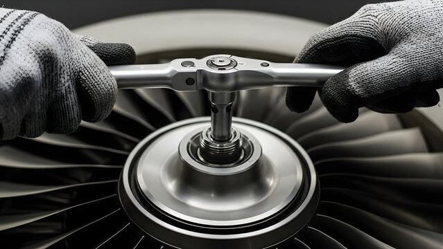 Aircraft Mechanic Hands Using Precision Torque Wrench on Jet Engine Turbine