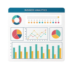 Business analytics dashboard features colorful charts and graphs on transparent background, showcasing data visualization and analysis tools