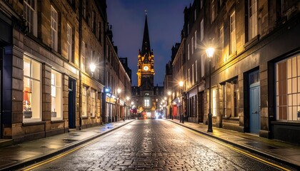 Naklejka premium Historic Edinburgh Street at Night with Illuminated Buildings and Church Spire.