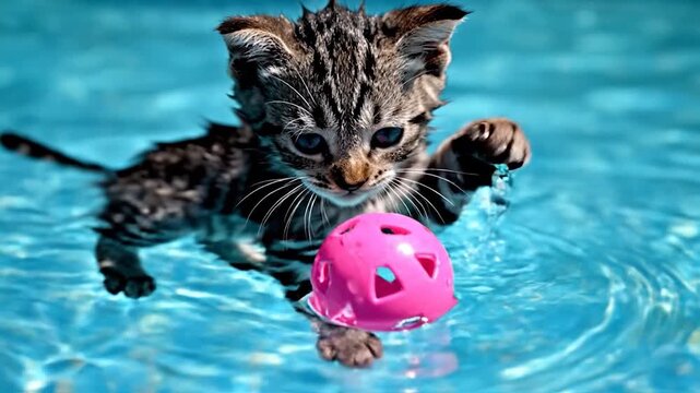 Wet kitten playing with pink toy ball in bright blue water