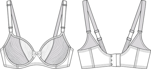 Bra front view, back view, lingerie design, fashion flat, technical sketch, undergarment vector, sewing pattern, cad drawing flat vector illustration