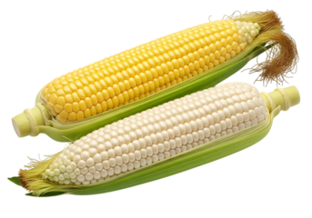 Two ears of corn, one yellow and one white, placed side by side on a transparent background, showcasing their differences in color and texture