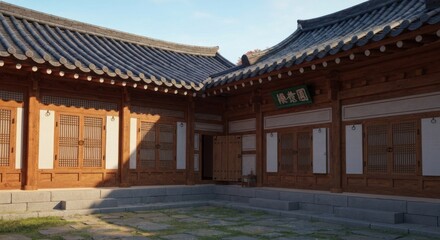 Naklejka premium Traditional wooden Korean courtyard with tiled roof, sunlight, and a sign