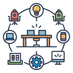 Innovative workspace design featuring laptops, light bulbs, and rockets, symbolizing creativity and technology with transparent background