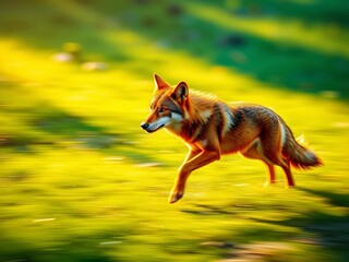 Crimson-maned wolf sprints through a emerald dreamscape, speed blurring greens into abstract washes, sun-drenched gold highlights,  blurred background,  grace