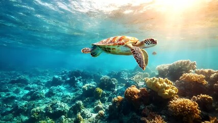 Aerial view of sea turtle swimming in clear blue ocean with sunlight filtering through the waters surfacesea turtle swimming underwater with coral reef background.