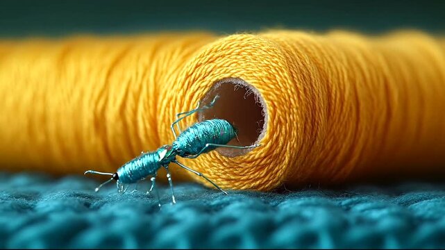 Close-up of a vibrant blue insect emerging from a spool of yellow thread on a textured surface