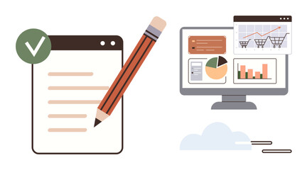 Pencil editing document with checklist, monitor displaying analytics dashboard, progress charts, and shopping cart statistics. Ideal for productivity, organization, data monitoring, office workflow