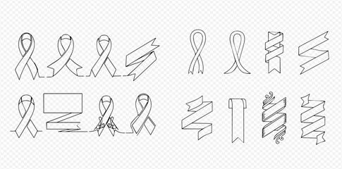 Set of various ribbon shapes and awareness loops in continuous line art style.
