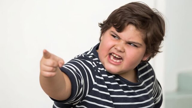 Angry boy pointing boy child pointing anger indoor striped shirt brown hair emotion portrait finger shouting frustration accusing scowling face