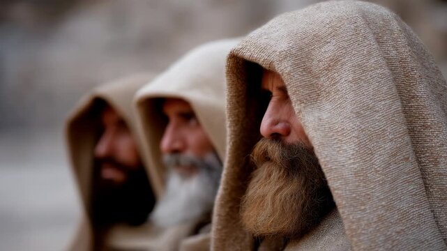 Three men in hooded cloaks, reflecting ancient traditions and spiritual connection, perfect for cultural themes