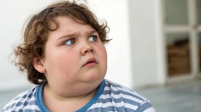 Plump child striped shirt curly hair worried expression outdoor portrait chubby face casual clothing shallow depth of field young boy curious worried