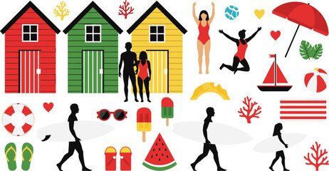 Beach fun illustration, summer icons, beach huts, surfboards, swimsuits, umbrella, sailboat, watermelon, popsicle, sunglasses, vacation scene