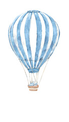 Obraz premium a blue and white hot air balloon with a basket on the bottom