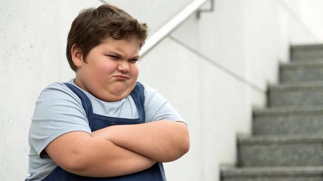Boy child male child folded arms frustrated angry emotion expression overweight sullen crossed arms urban stairs outdoor concrete wall unhappy casual