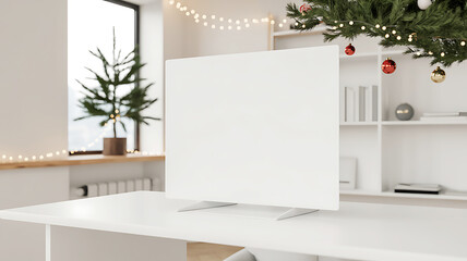Blank digital display device near Christmas tree during holiday season