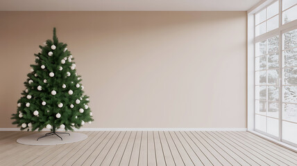Christmas tree in a bright minimalist room with winter landscape view