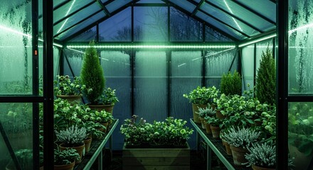 Fototapeta premium Window in the house, overlooking a lush spring garden and glasshouse interior, filled with growing plants and flowers