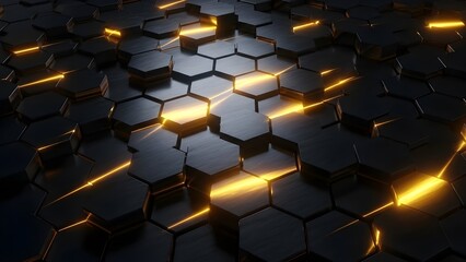 Dark Metallic Hexagon Pattern with Abstract Gold Lighting