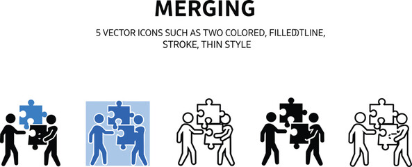 Merging concept vector icons, puzzle teamwork, collaboration styles, outline filled stroke thin, business unity, user interface design elements, communication