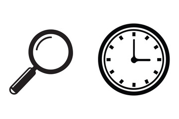Simple black and white illustration of a magnifying glass and a clock face isolated on white background