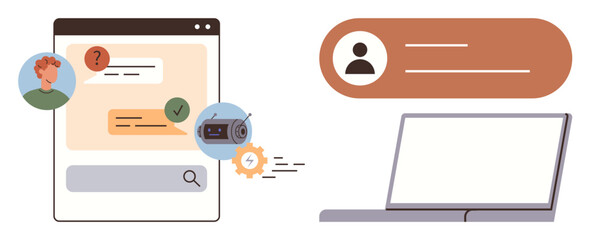 Chat interface showing user questions, responses, AI verification, automation gears, and laptop. Ideal for communication, technology, customer service, AI interaction chatbot virtual assistant