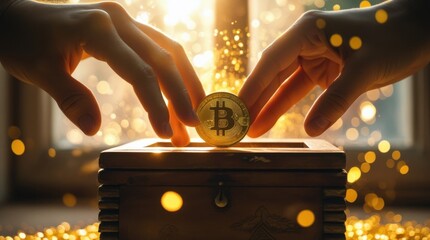 Digital Gold's Enshrinement: A pair of hands tenderly places a gleaming bitcoin within a small wooden chest.