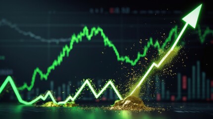 Naklejka premium Financial Growth Graph: A vibrant financial graph ascends sharply, its luminous green arrow symbolizing upward trajectory and market expansion, set against the backdrop of dynamic market fluctuations.