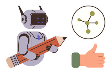 Robot carrying a pencil, molecule structure symbolizing innovation, and thumbs-up signaling approval. Ideal for creativity, innovation, teamwork, futuristic concepts, education, design digital