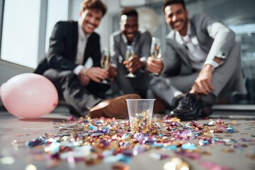Celebrating success diverse team cheers together in office candid photograph festive environment close-up view