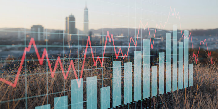 Financial market growth chart and skyline showing economic recovery trends - Powered by Adobe