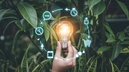 Hand holding light bulb with connecting virtual icons for ideas