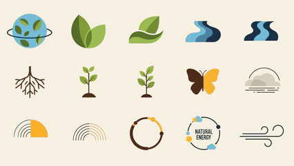 Obraz premium A collection of flat design icons representing nature, environment, and renewable energy concepts.