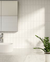 Naklejka na ściany i meble White marble sink counter table under mirror aside houseplant in bathroom with sunlight on tile wall